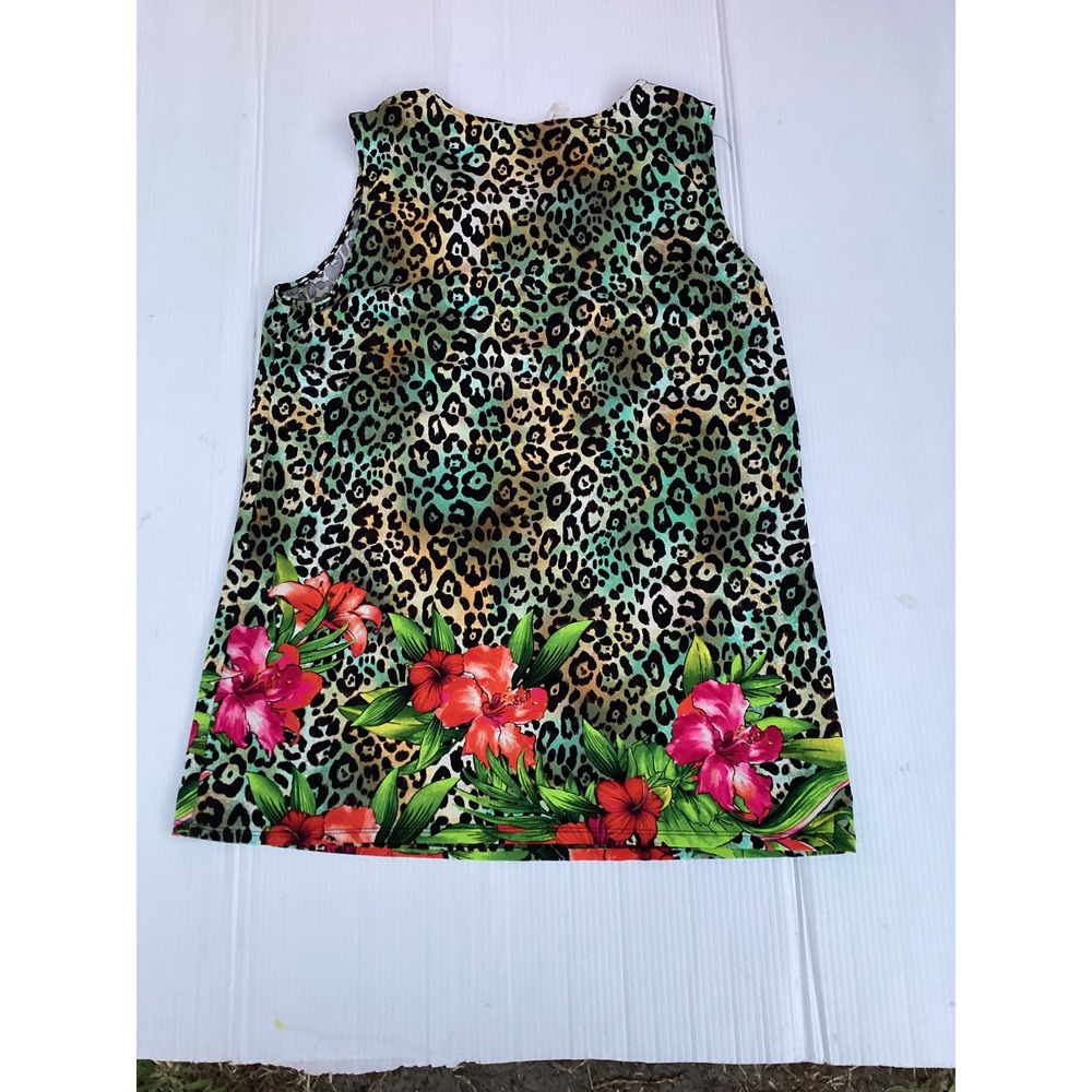 Tacera Womens Leopard Tropical Floral Tank Top Turquoise‎ Gold Rings Large